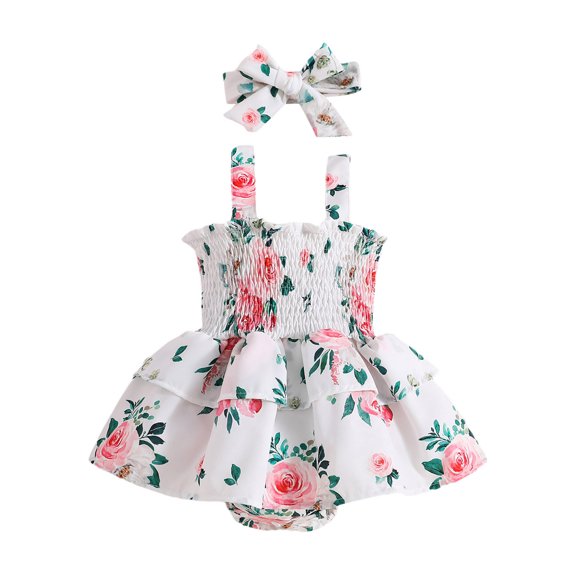 Baby Girl 2PCS Summer Cotton Linen Camisole Romper 6M 12M 18M 24M Headband Set Sleeveless Print Jumpsuit Clothes