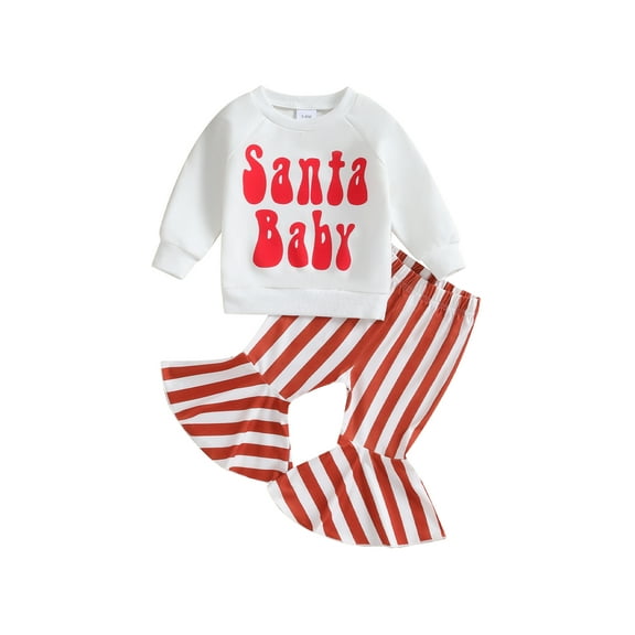 Baby Girl 2Pcs Christmas Outfits Long Sleeve Sweatshirt   Striped Flare Pants Set Toddler Clothes