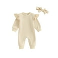 thumbnail image 1 of Baby Girl 2Pcs Fall Outfits Long Sleeve Solid Color Ruffle Jumpsuit with Headband Set Infant Clothes, 1 of 8