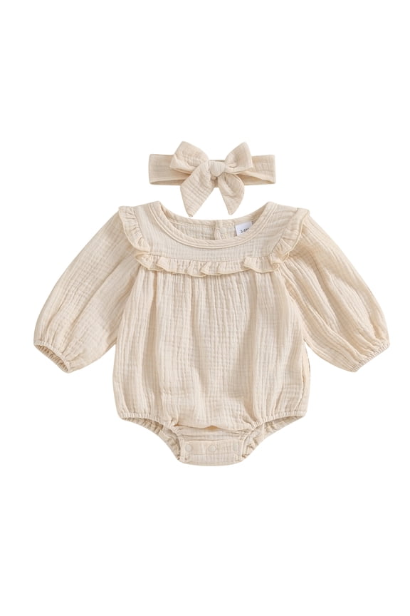 Baby Girl 2Pcs Fall Outfits Long Sleeve Solid Color Ruffle Romper with Headband Set Infant Clothes