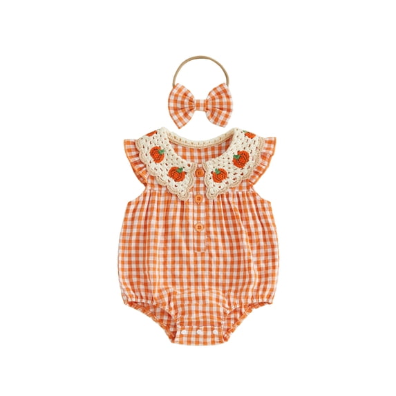 Baby Girl 2Pcs Halloween Outfits Pumpkin Fly Sleeve Button Up Bubble Romper Peter Pan Collar Plaid Bodysuit with Headband Set 0-18M