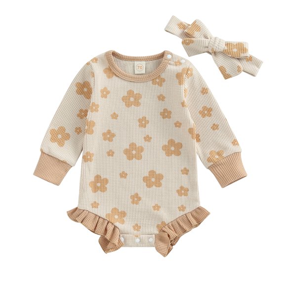 Baby Girl 2Pcs Spring Fall Outfits 3M 6M 12M 18M Long Sleeve Floral Print Ruffle Romper with Headband Set Infant Clothes 0-18Months