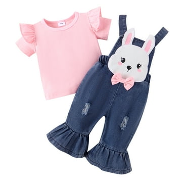 Baby Girl 2Pcs Spring Outfits Short Sleeve Ruffle Tops + Denim Overalls Set Infant Clothes