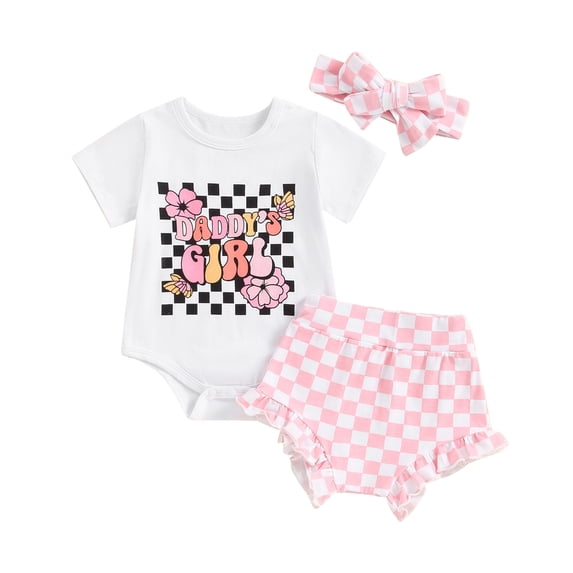 Baby Girl 3 Piece Set, Short Sleeve Letter Print Romper Frill Trim Shorts Checkerboard Headband Toddler Father's Girl Outfits