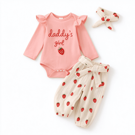 Baby Girl 3Pcs Outfit Set, Long Sleeve Ruffle Romper Strawberry Print Pants Headband, "Daddy's Girl" Embroidery Newborn Fall Clothes