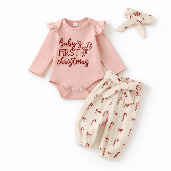 Baby Girl 3Pcs Outfit Set, Ruffle Long Sleeve Romper Candy Cane Print Pants Matching Headband, Baby's First Christmas Newborn Clothes