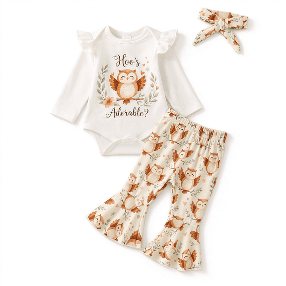 Baby Girl 3Pcs Outfit Set, Ruffle Long Sleeve Romper Owl Print Flare Pants Matching Headband, "Hoo's Adorable?" Size 3M-24M
