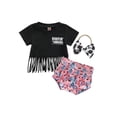thumbnail image 1 of Baby Girl 3Pcs Summer Outfits, Short Sleeve Tassel T-Shirt + Printed Shorts + Headband Set, 1 of 8