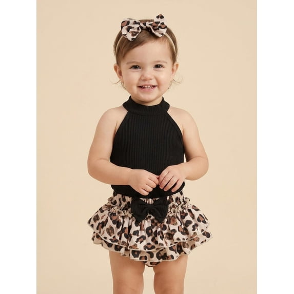 Baby Girl 3Pcs Summer Outfits, Sleeveless Halter Tops + Ruffle Shorts + Headband Set