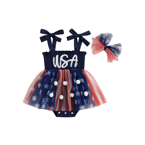 Baby Girl 4th Of July Outfits My First Patriotic Smocked Tulle Romper Dress American Flag Clothes