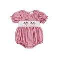 thumbnail image 1 of Baby Girl 4th of July Outfit Fourth of July Bubble Romper Plaid Short Puff Sleeve Ruffled Jumpsuit Flag Smocked Bodysuit Summer Clothes 0-2T, 1 of 7