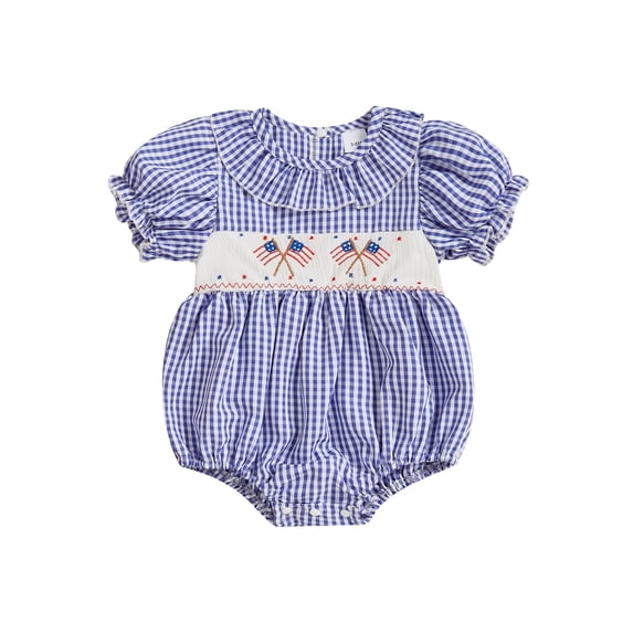 Baby Girl 4th of July Outfit Fourth of July Bubble Romper Plaid Short Puff Sleeve Ruffled Jumpsuit Flag Smocked Bodysuit Summer Clothes 0-2T