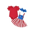 thumbnail image 1 of Baby Girl 4th of July Outfit Short Sleeves Rompers +American Flag Suspender Skirt Overalls +Headband 3Pcs Clothes Set, 1 of 7
