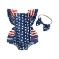 thumbnail image 1 of Baby Girl 4th of July Outfits, 3 6 12 18M  Ruffle Sleeve Backless Stars and Stripes Print Romper with Headband Set, 1 of 10