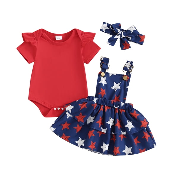 Baby Girl 4th of July Outfits American Flag Romper +Star Stripe Suspender Skirt Overalls Dress+Headband 3pcs Set