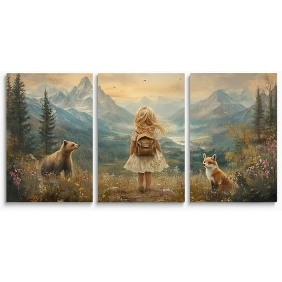 Baby Girl Adventure Nursery Decor, Adventure Nursery Wall Art, Watercolor Mountain Landscape, Woodland Decor for Kids Room, Baby Girl Set of 3 Canvas Set, Framed 16"x24"