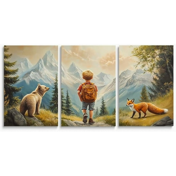 Baby Girl Adventure Nursery Decor, Adventure Nursery Wall Art, Watercolor Mountain Landscape, Woodland Decor for Kids Room, Baby Girl Set of 3 Canvas Set, Framed 16"x24"