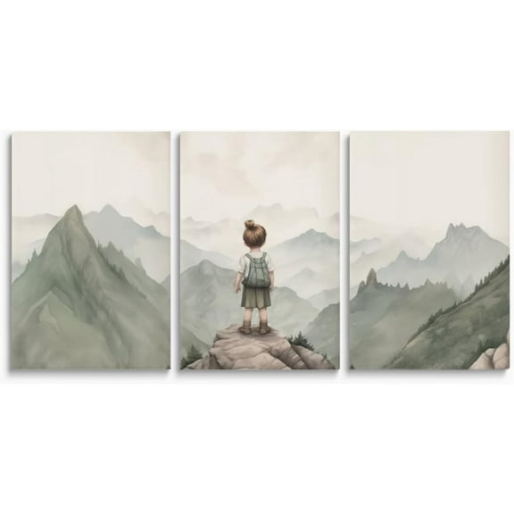 Baby Girl Adventure Nursery Decor, Adventure Nursery Wall Art, Watercolor Mountain Landscape, Woodland Decor for Kids Room, Baby Girl Set of 3 Canvas Set, Framed 16"x24"