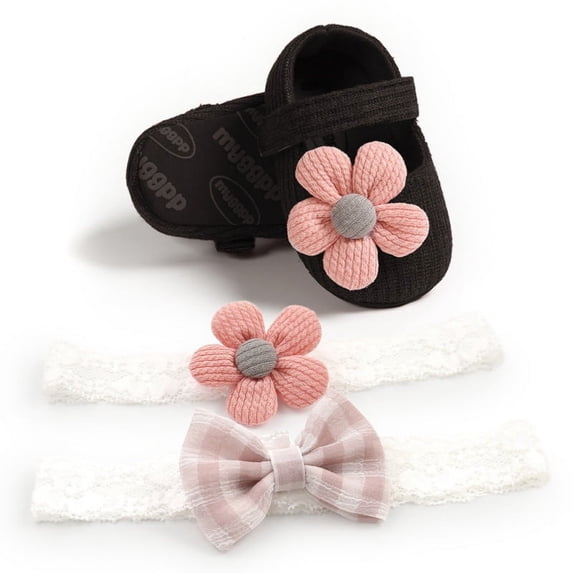 Baby Girl Anti-Slip Casual Flower Shoes Newborns Soft Soled Crib Shoes+ Headbands Sets, Black
