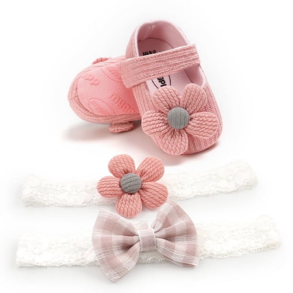 Baby Girl Anti-Slip Casual Flower Shoes Newborns Soft Soled Crib Shoes+ Headbands Sets, Pink
