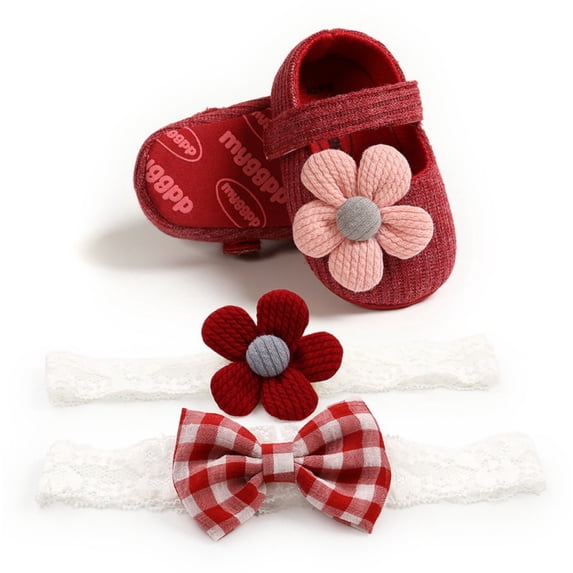 Baby Girl Anti-Slip Casual Flower Shoes Newborns Soft Soled Crib Shoes+ Headbands Sets, Red