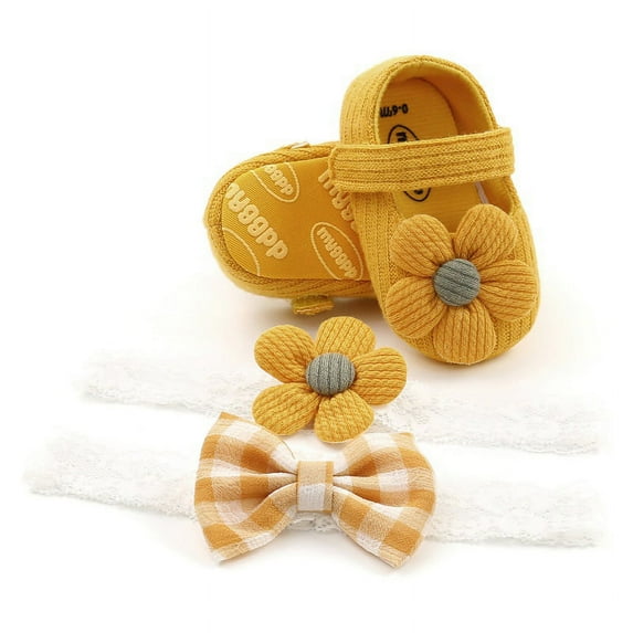 Baby Girl Anti-Slip Sole Newborn Infant First Walkers Shoes with 2 Headbands