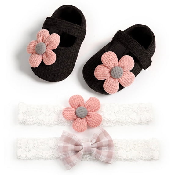 Baby Girl Anti-Slip Sole Newborn Infant First Walkers Shoes with 2 Headbands