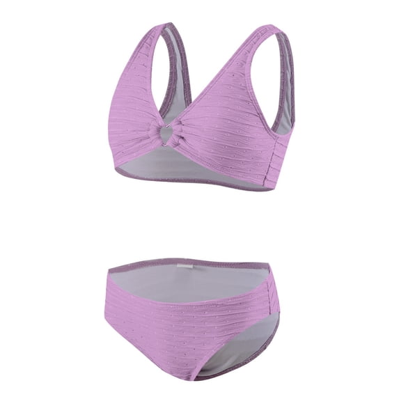 Baby Girl Bathing Suit V Neck Ring Twist Solid Bathing Bikini Suit Adjustable Straps Girls 2 Piece SwimsuitPurple,7-8 Years