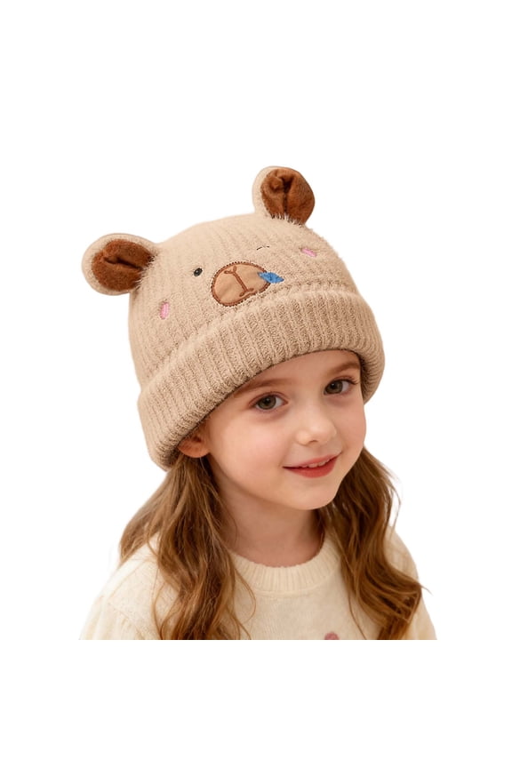 Baby Girl Beanie Bear Hat with Ears Cute Bear Soft Knit Winter Hat with Embroidery for Infants Toddlers,Color:Khaki