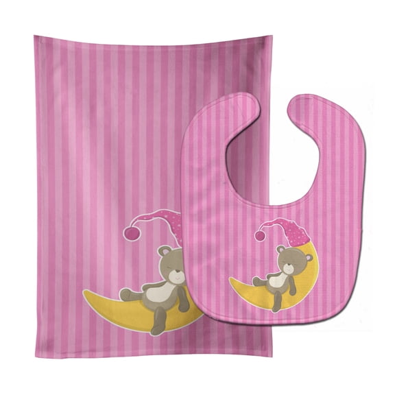 Baby Girl Bear on Moon Baby Bib & Burp Cloth