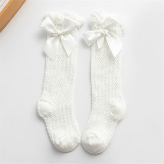 Baby Girl Bowknot Solid Color Cotton Soft Socks Long Stocking Royal Style Bow Knee High Fishnet Socks Knee Stockings WHITE