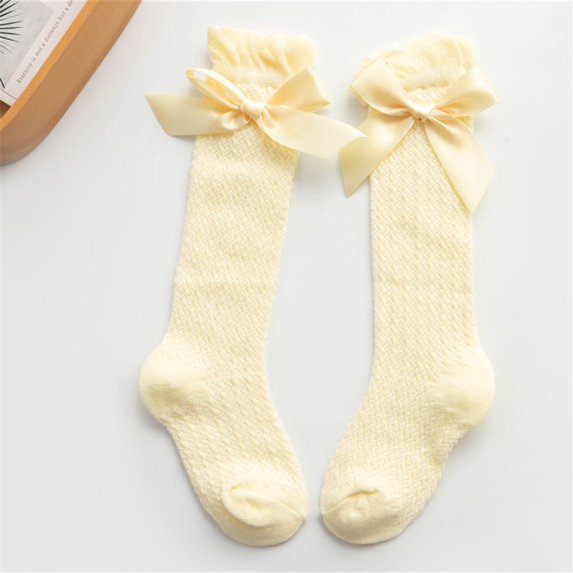 Baby Girl Bowknot Solid Color Cotton Soft Socks Long Stocking Royal Style Bow Knee High Fishnet Socks Knee Stockings YELLOW