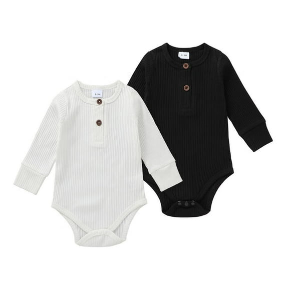 Baby Girl Boy 2 Pack Solid Long Sleeve Romper Bodysuit Clothes Black & White 9-12 Months