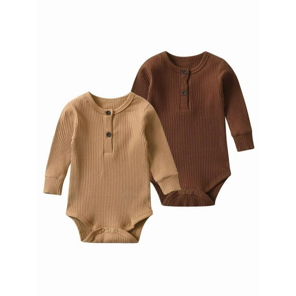 Baby Girl Boy 2 Pack Solid Long Sleeve Romper Bodysuit Clothes Brown & Khaki 6-9 Months