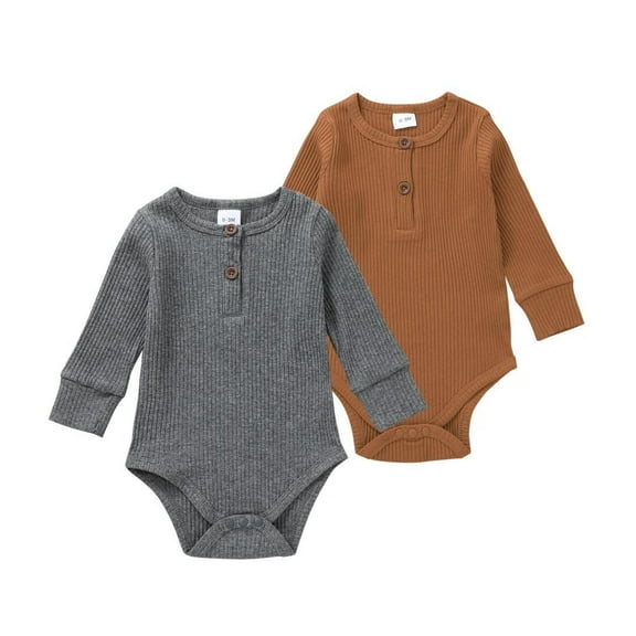 Baby Girl Boy 2 Pack Solid Long Sleeve Romper Bodysuit Clothes Grey & Brown 12-18 Months