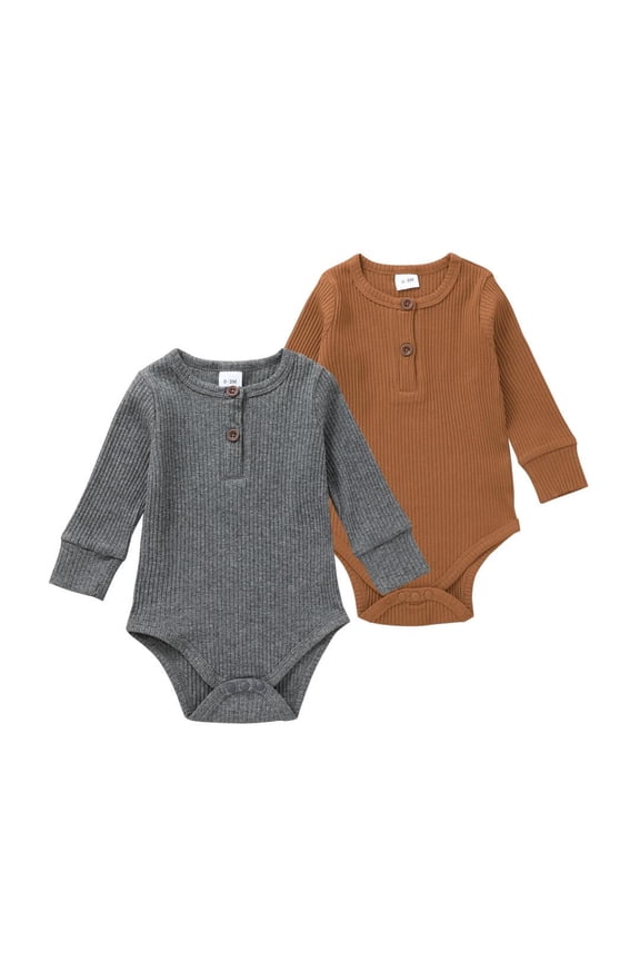 Baby Girl Boy 2 Pack Solid Long Sleeve Romper Bodysuit Clothes Grey & Brown 12-18 Months