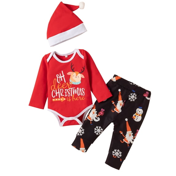 Baby Girl Boy Christmas Clothes Set Letter Print Long Sleeve Romper Snowman Print Trousers with Hat