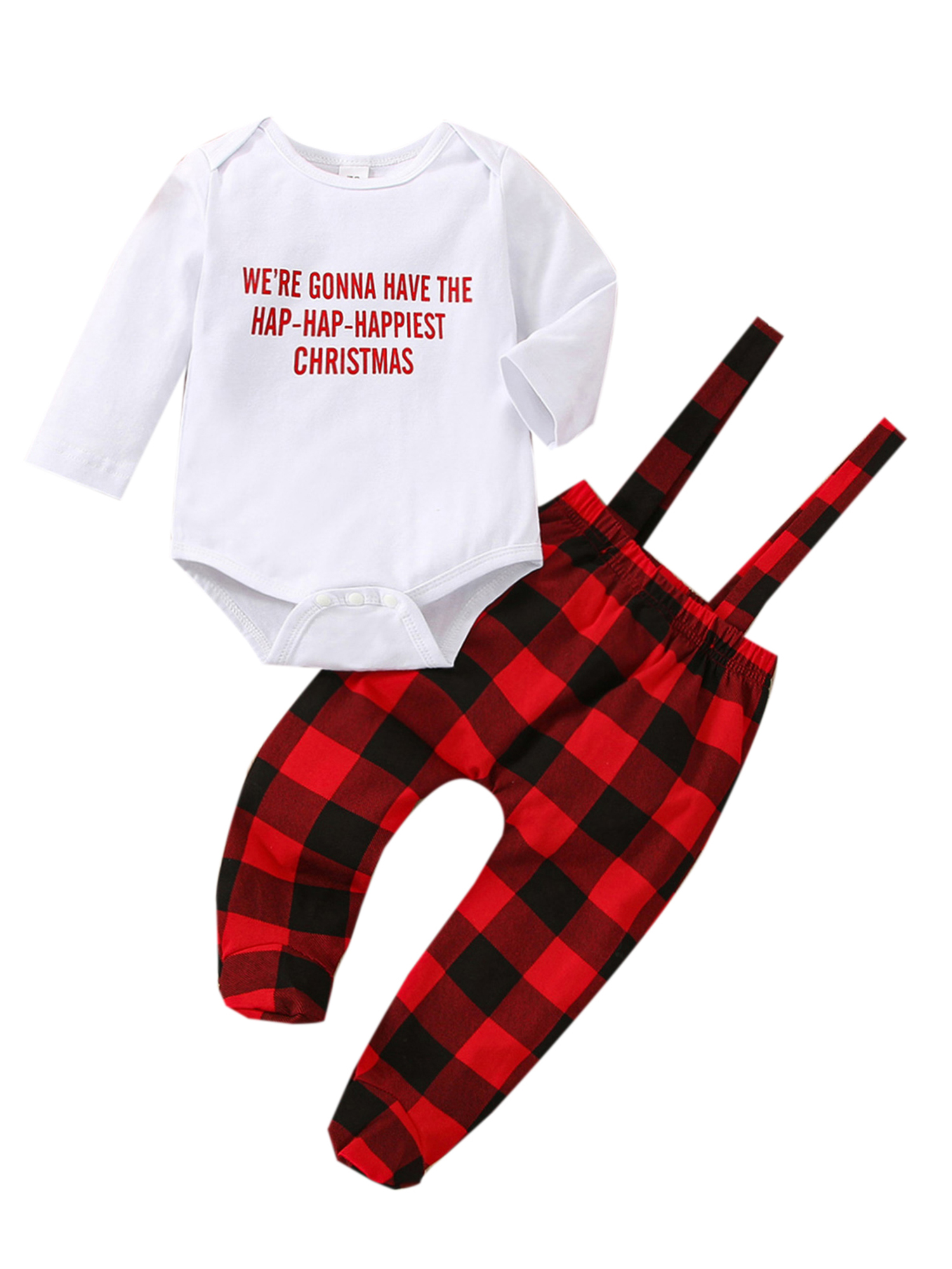 Baby Girl Boy Christmas Outfit, Letter Print Romper + Plaid Bib Pant