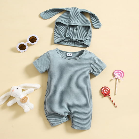 Baby Girl Boy Easter Outfits Bunny Romper Cotton Cute Bunny Bodysuit with Rabbit Hat Cap Mathing Clothes for Boys Girls 0-18 Months