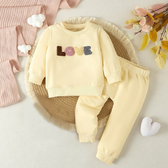 Baby Girl Boy Fall Winter Clothes Crewneck Sweatshirt Letter Print Long Sleeve Sweatshirt Tops Pants 2PC Thanksgiving Outfit Set for Baby Girl Boy 0-6 Months