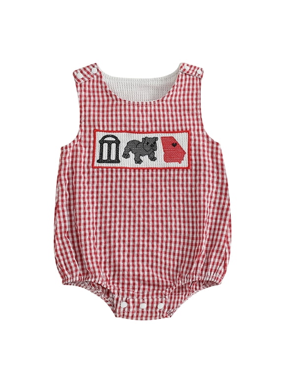 Baby Girl Boy Football Outfit College Football Bubble Romper Summer Sleeveless Plaid Overalls Bodysuit Game Day Clothes 0-18Months