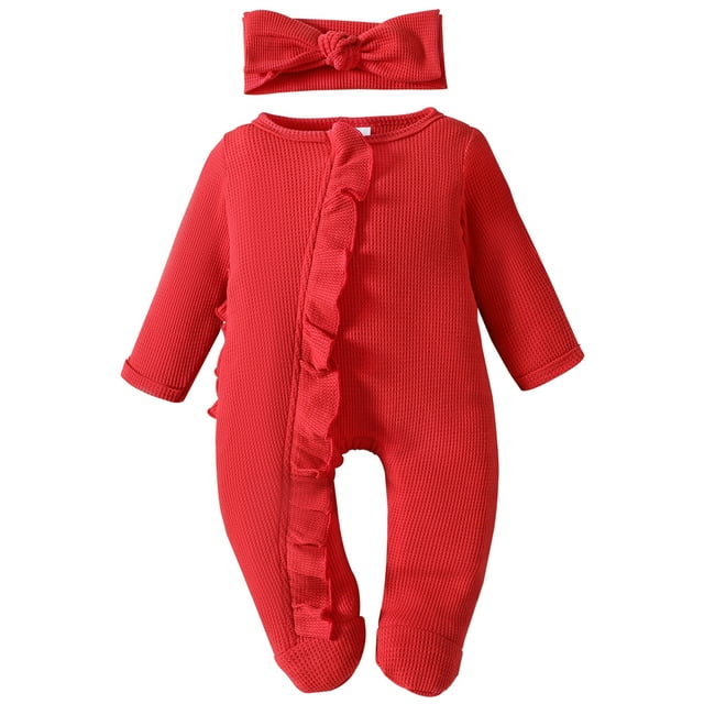 Baby Girl Boy Footie Waffle Knit Romper Zippers Pajama Ruffle onepiece