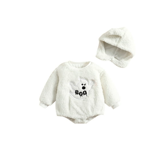Baby Girl Boy Halloween Outfits Ghost Oversized Sweater Fleece Romper Onesie Fall Winter Warm Clothes with Hat
