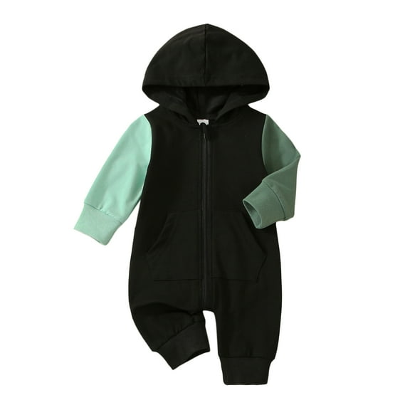 Baby Girl Boy Romper, 3 6 12 18M Long Sleeve Patch Color Hooded Neck Casual Fall Spring Long Jumpsuit
