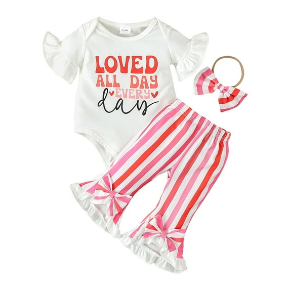 Baby Girl Boy Valentine's Day Outfit Girls Short Sleeve Valentine's Day Letter Prints Romper Bodysuit Striped Bell Bottoms Pants Outfits Irish Baby Clothes Girl for Toddler Girls 6-9 Months