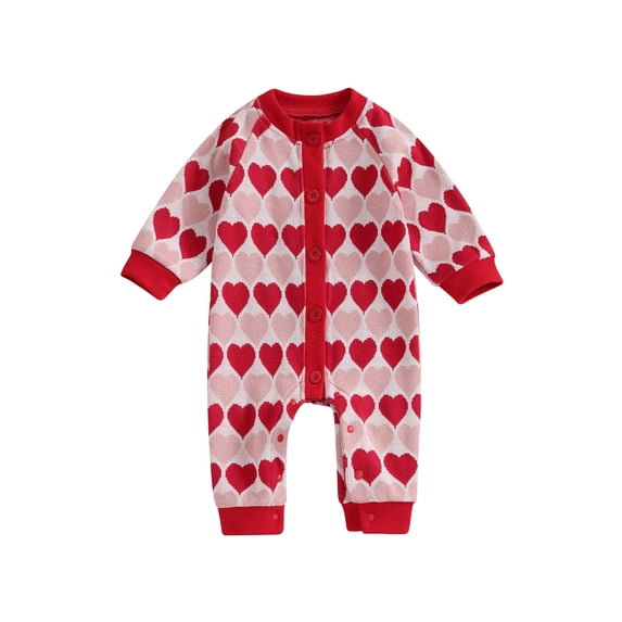 Baby Girl Boy Valentine 's Day Outfit Newborn Knitted Sweater Romper Heart Print Long Sleeve Button Down Jumpsuit