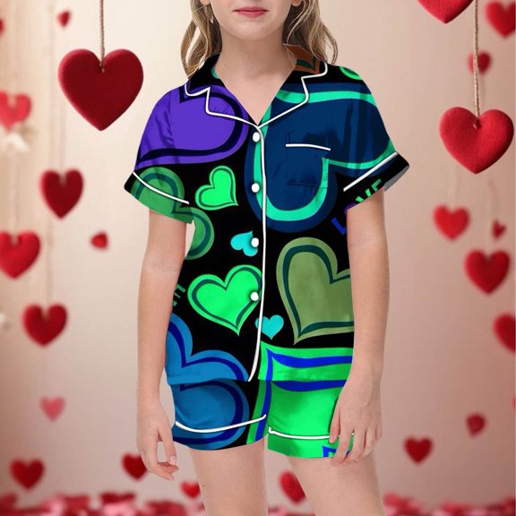 Baby Girl Boy Valentine's Day Pajamas Set Heart Print Silk Button-Up Short Sleeve Shorts Pjs Sleepwear Summer Lounge Set 2 Piece PJS 8T