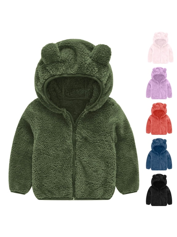 Baby Girls Boys Winter Coats Solid Fleece Warm Outwear Cute Bear Ears Hooded Jacket Toddler Infant Zip up Cardigans