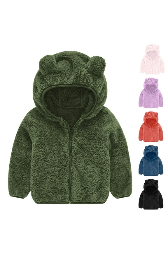Baby Girls Boys Winter Coats Solid Fleece Warm Outwear Cute Bear Ears Hooded Jacket Toddler Infant Zip up Cardigans