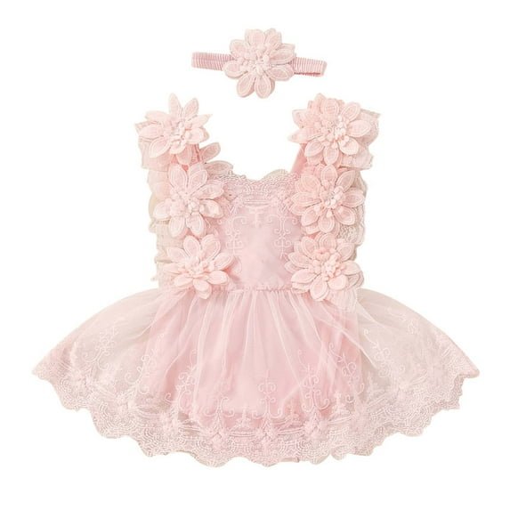 Baby Girl Bubble Romper Baby Girls' Summer Lace Mesh Tutu Romper with Floral Print Crawler Dress Headband Outfit Baby Rompers Red 3 Months-6 Months